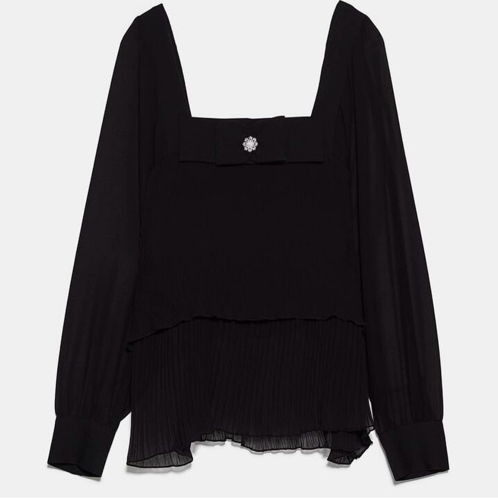 New Women Zara Black Long Sheer Sleeve Black Crystal Embellished Bow Top Size S